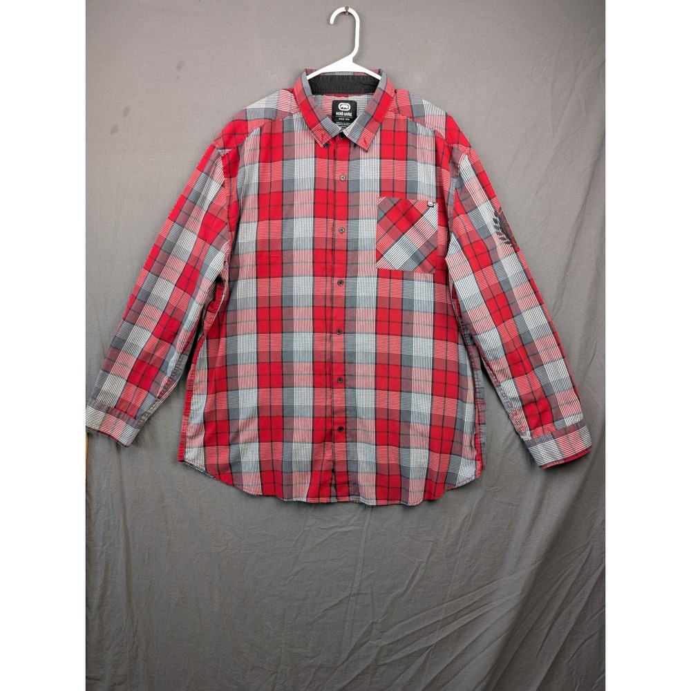 Ecko Unltd Mens Plaid Button Down Shirt Red Gray Graphic Back 2XL